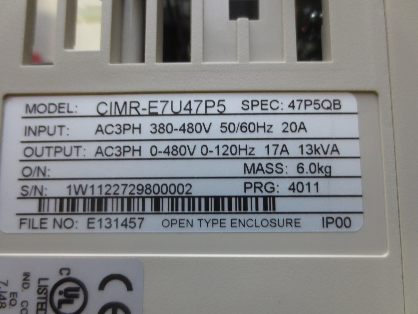 YASKAWA CIMR-E7U47P5 VARIABLE FREQUENCY DRIVE, 10HP - FOR PARTS or NOT WORKING