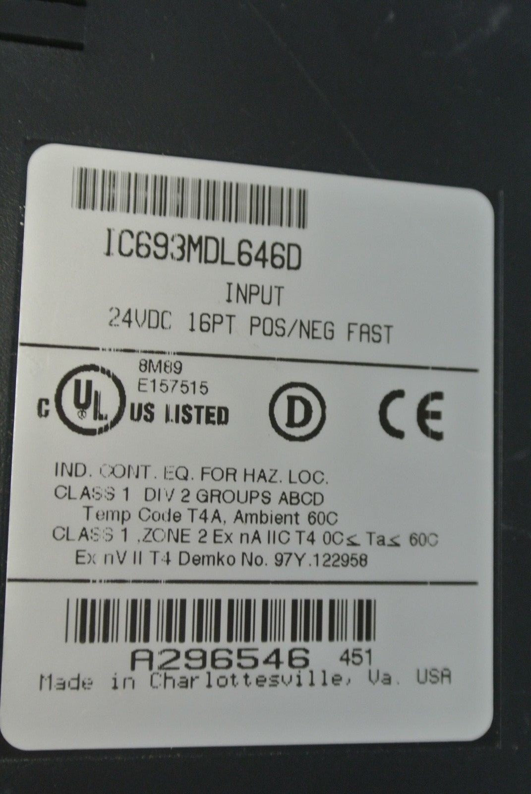 GE FANUC IC693MDL646D INPUT MODULE 24VDC 16PT POS/NEG FAST - LOGIC / NO "DOOR"