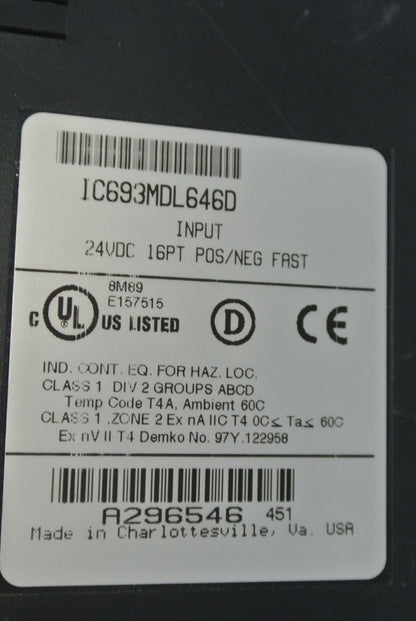 GE FANUC IC693MDL646D INPUT MODULE 24VDC 16PT POS/NEG FAST - LOGIC / NO "DOOR"