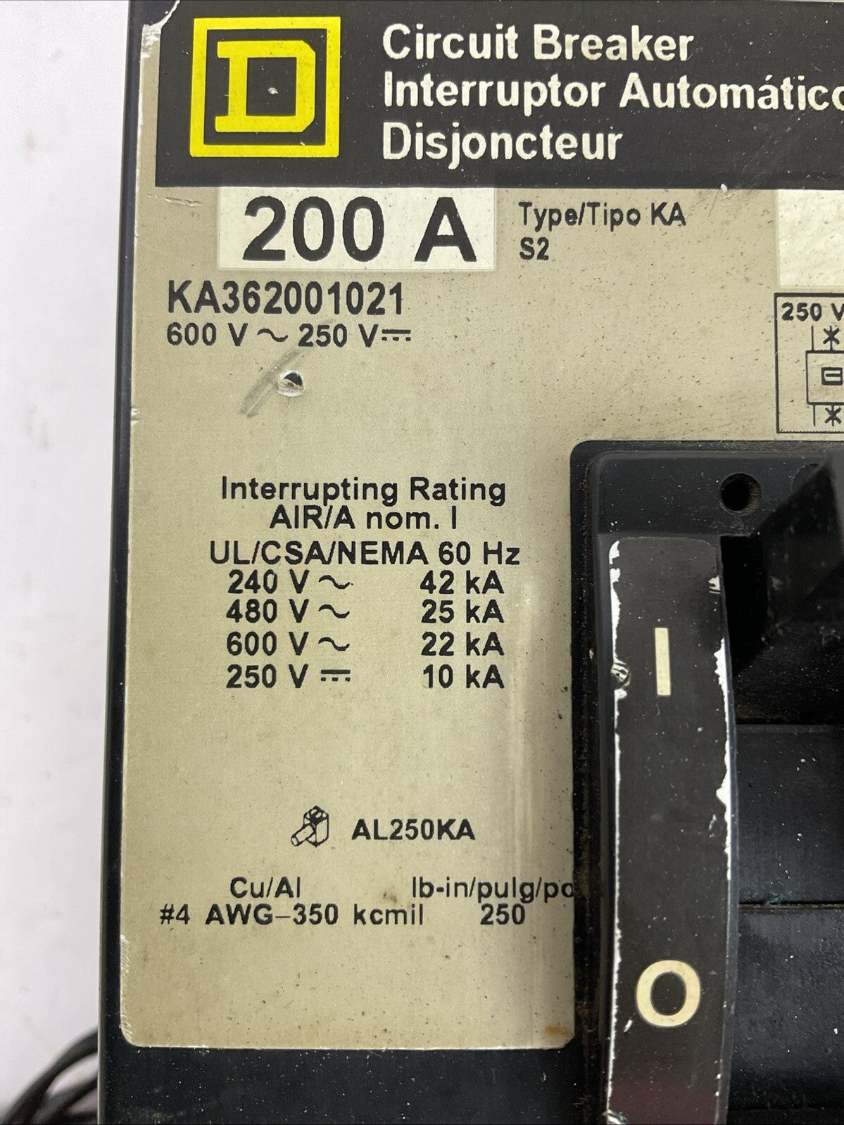 SQUARE D KA362001021 CIRCUIT BREAKER 600VAC 250VDC 3POLE 200AMP