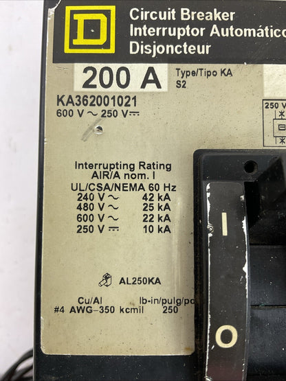 SQUARE D KA362001021 CIRCUIT BREAKER 600VAC 250VDC 3POLE 200AMP