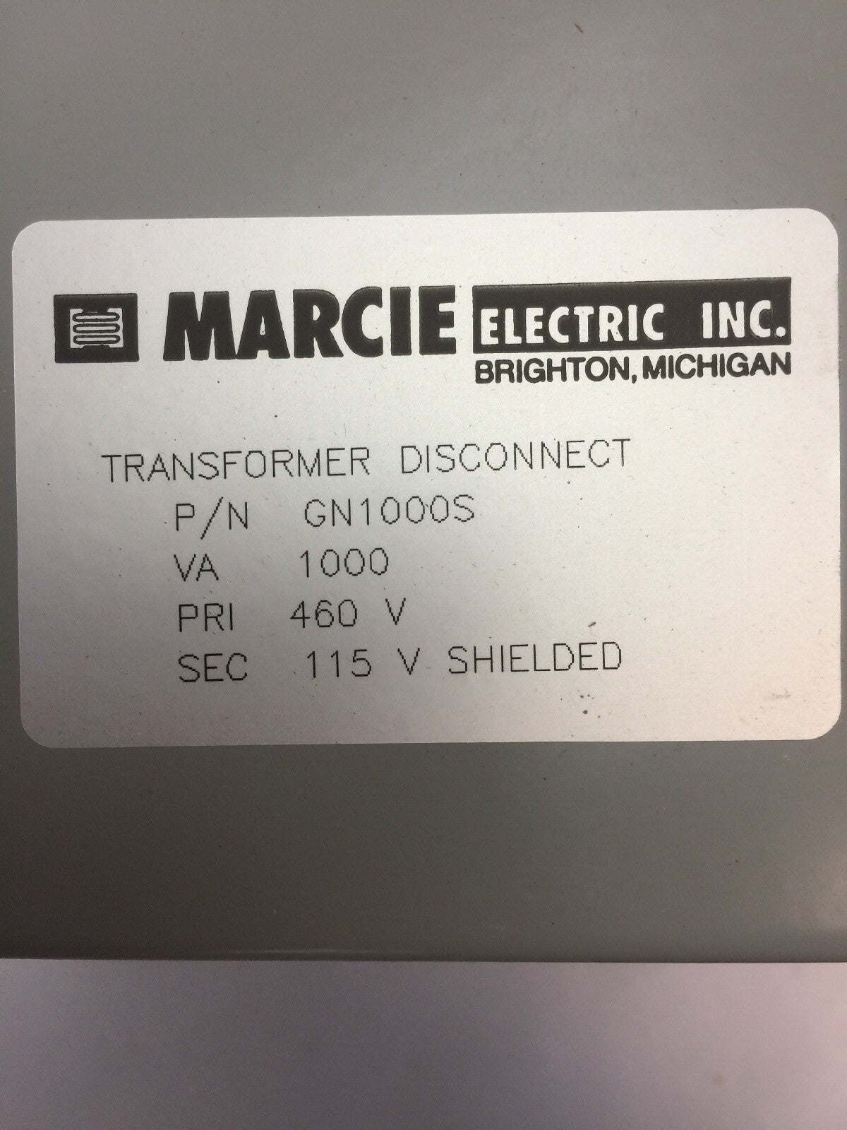 MARCIE GN1000S TRANSFORMER DISCONNECT 1000 VA 460V PRI 115V SEC SHIELDED