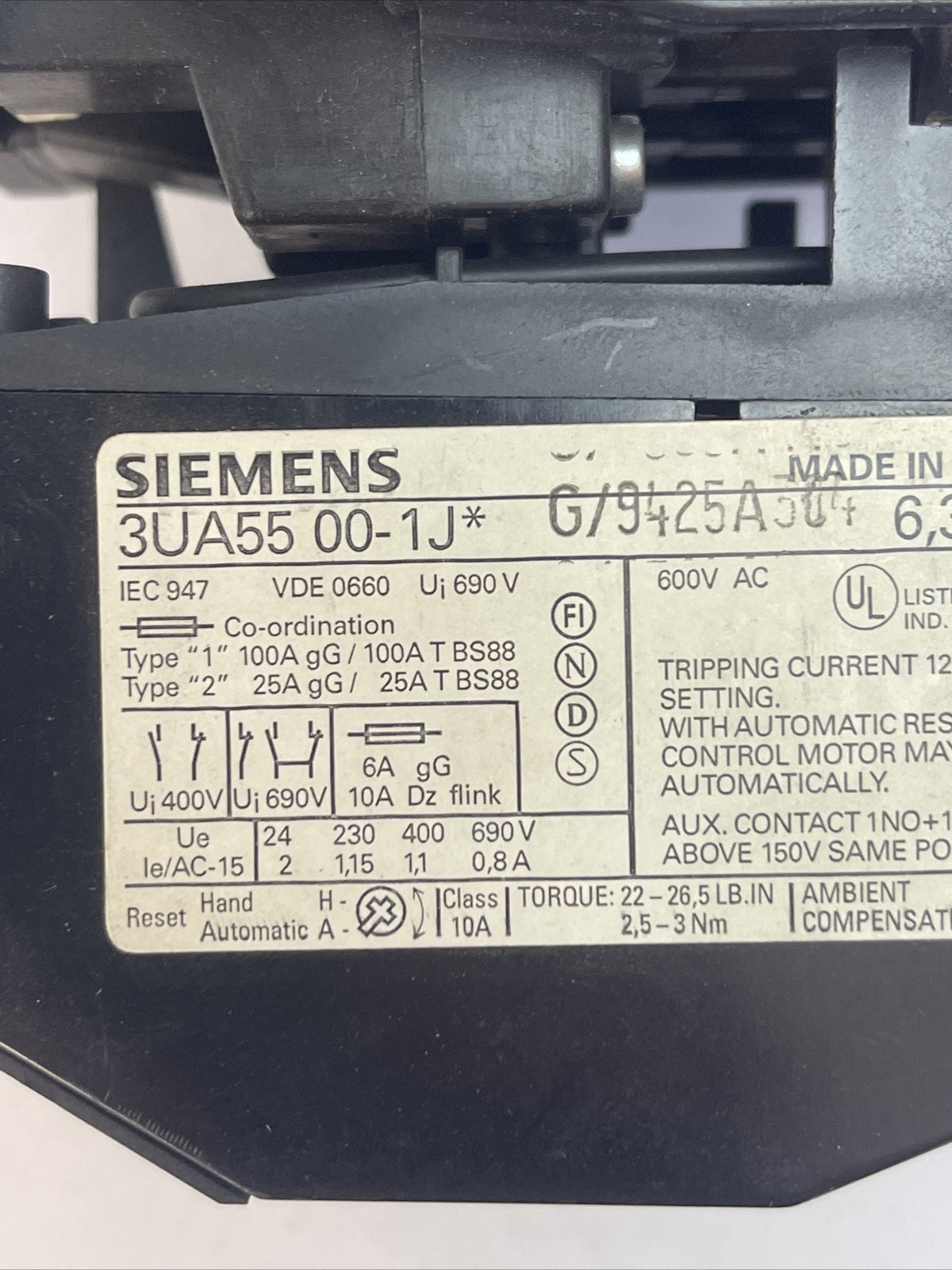 SIEMENS SIZE 1 STARTER(3TF4422-0A..1 CONTACTOR 600VAC 10HP 27A 3UA55001J* RELAY)
