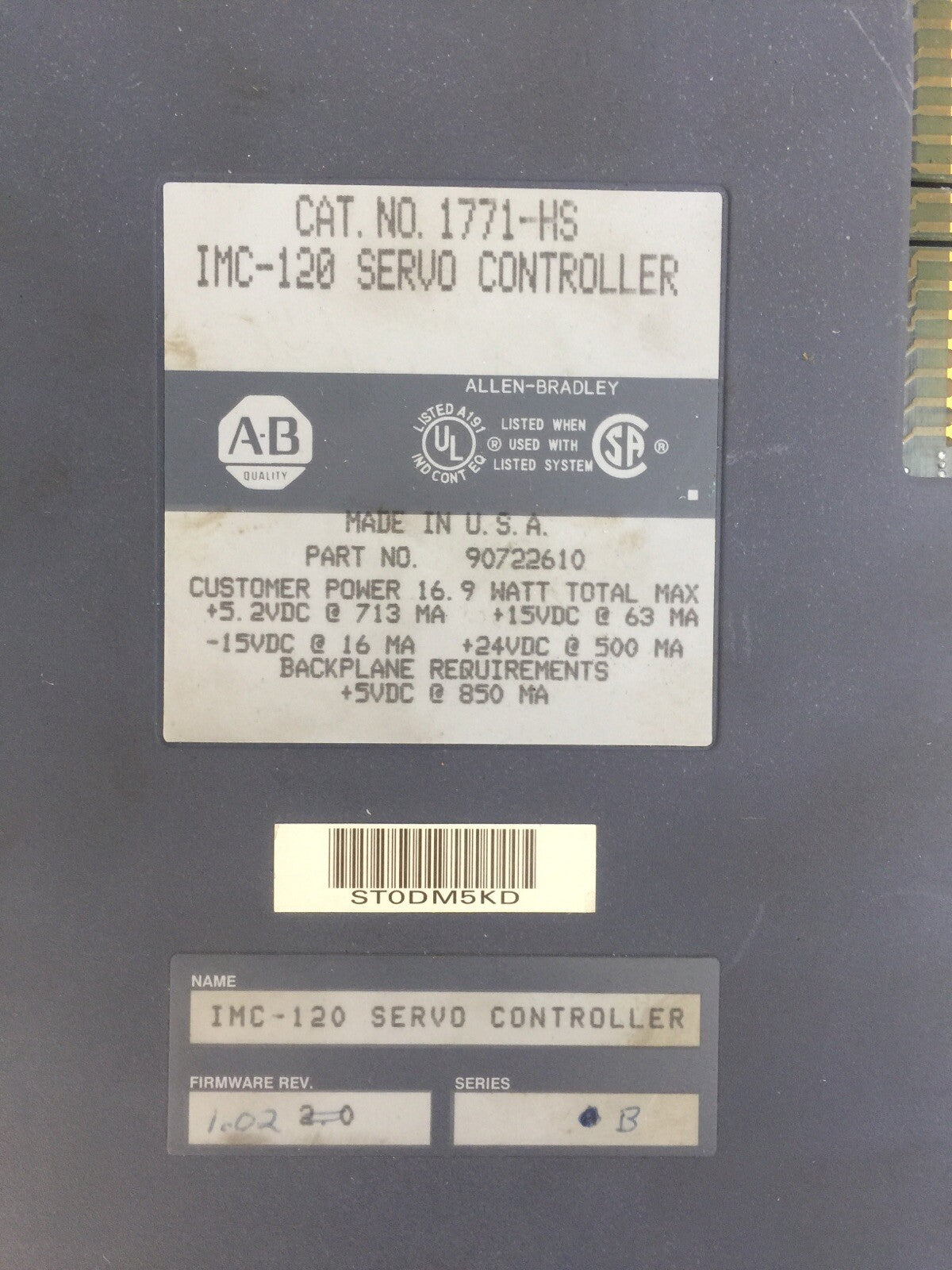 ALLEN BRADLEY 1771-HS IMC-120 SERVO CONTROLLER SERIES B FIRMWARE REV 1.02 16.9W
