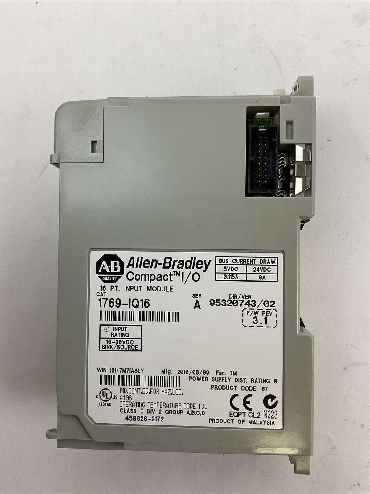 ALLEN BRADLEY 1769-IQ16 SER A F/W REV 3.1 DIR/VER 95320743/02 16PT INPUT MODULE