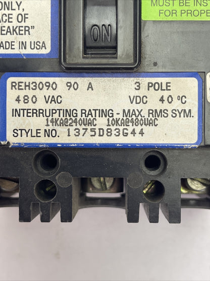 WESTINGHOUSE REH3090 CIRCUIT BREAKER 90AMP 3POLE 480VAC 1375D83G44