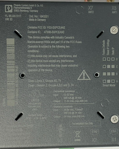 PHOENIX CONTACT WLAN 5100 WIRELESS SWITCH MODULE 32VDC HW:07 W/ 2 CONNECTORS
