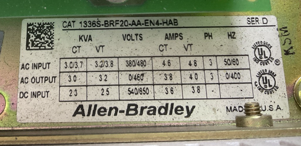 ALLEN BRADLEY 1336S-BRF20-AA-EN4-HAB 1336 PLUS SENSORLESS VECTOR DRIVE SER D