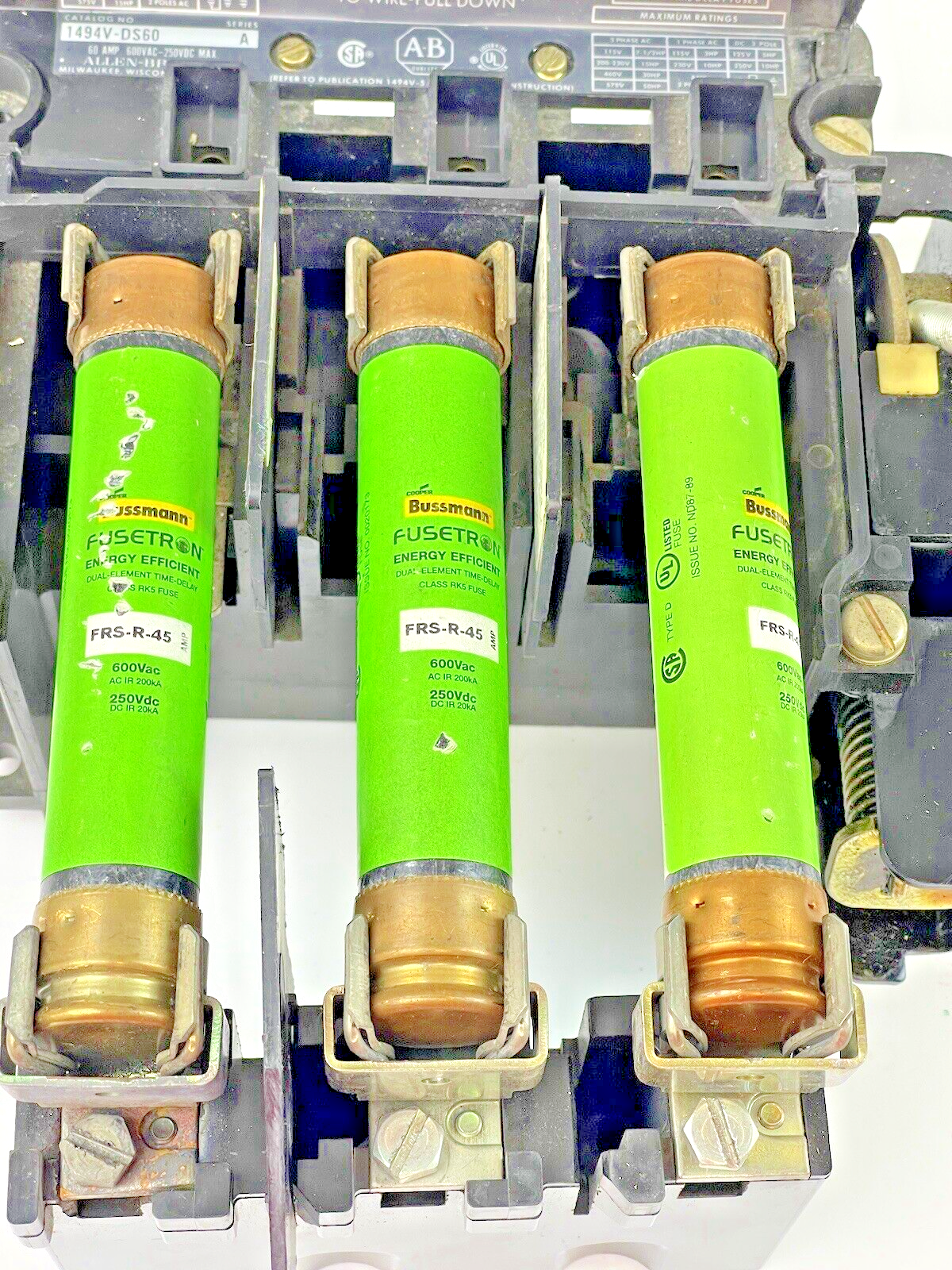 FUSETRON - FRS-R-45 (LOT OF 3) -600VAC 45A FUSES WITH ALLEN BRADLEY 1494V-DS60 A