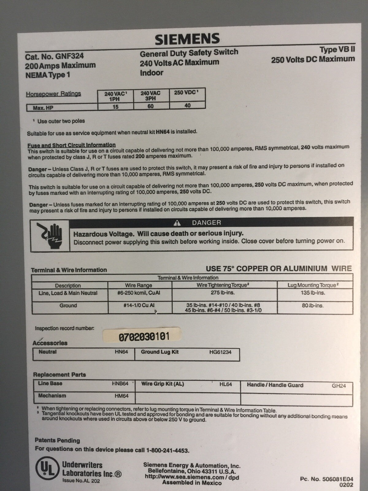 SIEMENS GNF324 NON FUSIBLE SAFETY SWITCH 200A 240VAC 250VDC TYPE BVII 60HP NEMA