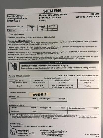 SIEMENS GNF324 NON FUSIBLE SAFETY SWITCH 200A 240VAC 250VDC TYPE BVII 60HP NEMA