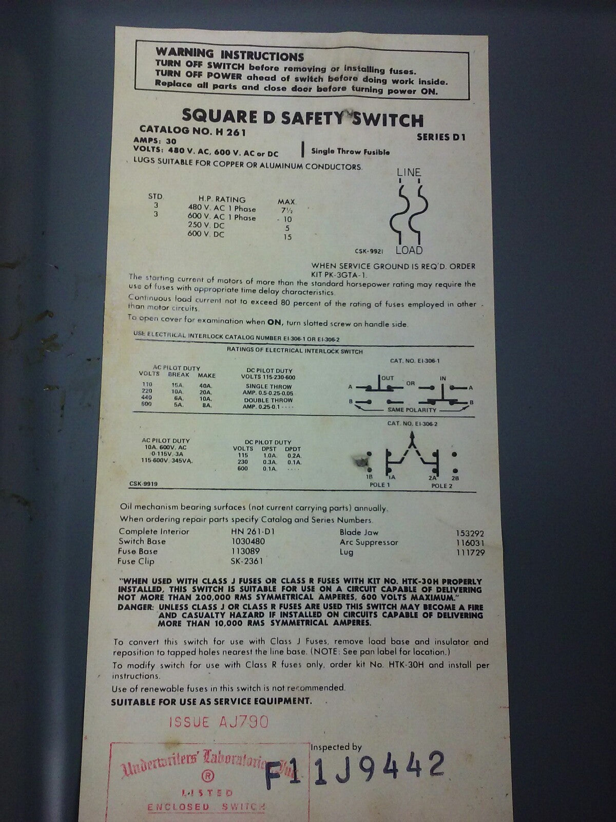 Square D H-261, H261, SER. D1, SAFETY SWITCH, FUSIBLE, 30A, 600V, 2 POLE, NEW