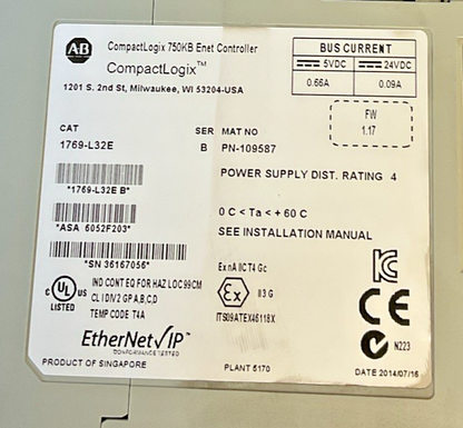 ALLEN BRADLEY 1769-L32 750KB ENET CONTROLLER FW:1.17 SER.B 24VDC
