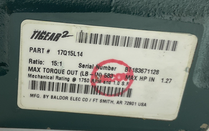 DODGE TIGEAR 17Q15L14 GEAR REDUCER 15:1 1750RPM 1.27HP