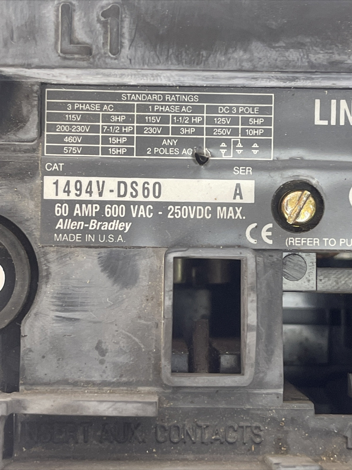 ALLEN BRADLEY 1494V-DS60 DISCONNECT SWITCH 60A 600VAC 250VDC 50HP FRS-R-60 FUSES