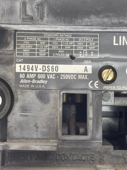 ALLEN BRADLEY 1494V-DS60 DISCONNECT SWITCH 60A 600VAC 250VDC 50HP FRS-R-60 FUSES