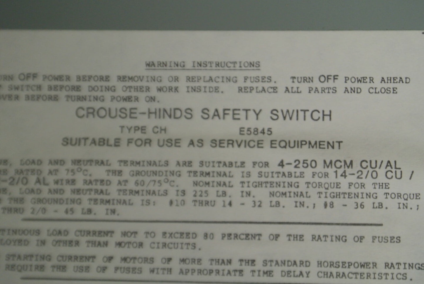 CROUSE-HINDS GH424N GENERAL DUTY FUSIBLE SAFETY SWITCH / 240V / 200A / 60HP MAX