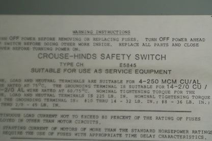 CROUSE-HINDS GH424N GENERAL DUTY FUSIBLE SAFETY SWITCH / 240V / 200A / 60HP MAX