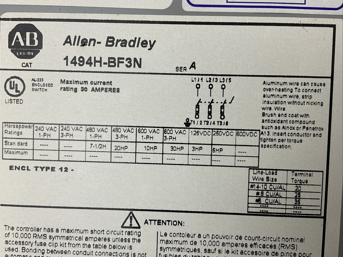 ALLEN BRADLEY 1494H-BF3N 600VAC 3PH 30HP 250VDC 5HP NON FUSIBLE DISCONNECT
