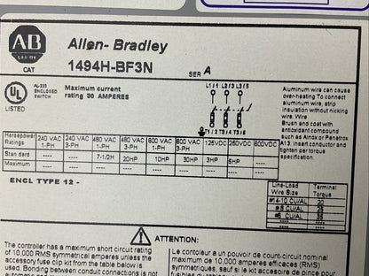 ALLEN BRADLEY 1494H-BF3N 600VAC 3PH 30HP 250VDC 5HP NON FUSIBLE DISCONNECT