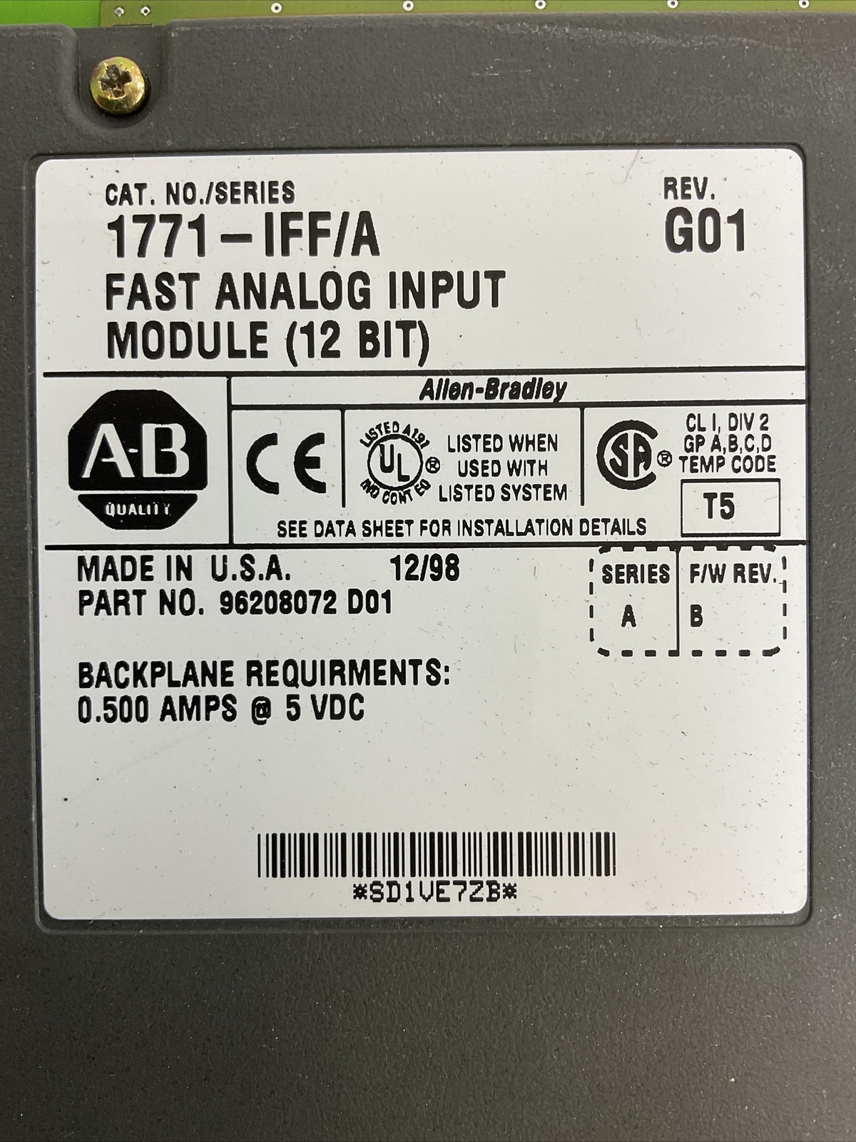 ALLEN BRADLEY 1771-IFF/A REV G01 FAST ANALOG INPUT (12 BIT) SER A F/W REV B 5VDC