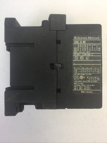 KLOCKNER MOELLER STARTER DIL 0M CONTACTOR 3POLE 250VDC 35A 15HP COIL 120V 60HZ