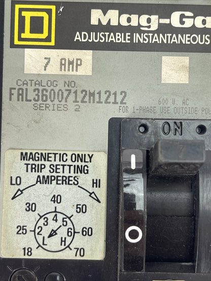 SQUARE D FAL3600712M1212 ADJ. INST. TRIP CIRCUIT BREAKER 7A 600VAC SER2 18-70AMP
