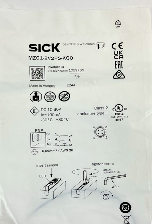 SICK MZC1-2V2PS-KQ0 1059736 MAGNETIC CYLINDER SENSOR MZC12V2PSKQ0