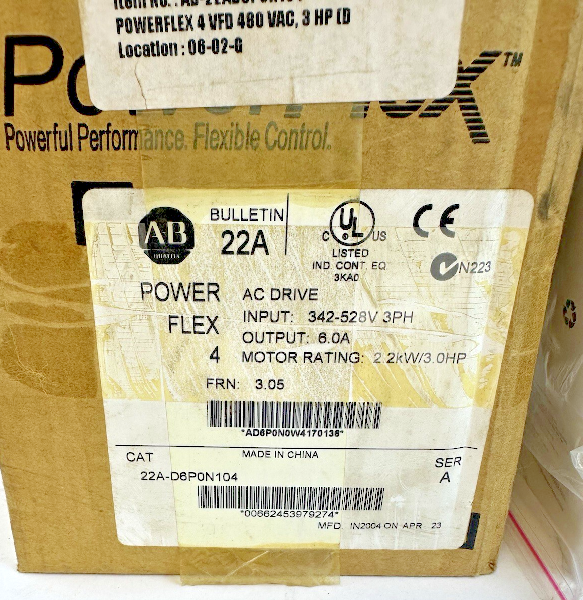 ALLEN-BRADLEY 22A-D6P0N104 POWERFLEX 4 AC DRIVE SER A FRN 3.05 3PH 342-528V
