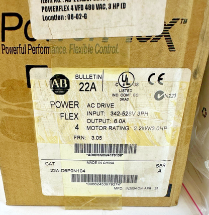 ALLEN-BRADLEY 22A-D6P0N104 POWERFLEX 4 AC DRIVE SER A FRN 3.05 3PH 342-528V