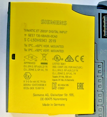 SIEMENS 6ES7 136-6BA00-0CA0 DIGITAL INPUT MODULE W/6ES7 193-6BP00-0BA0 BASE