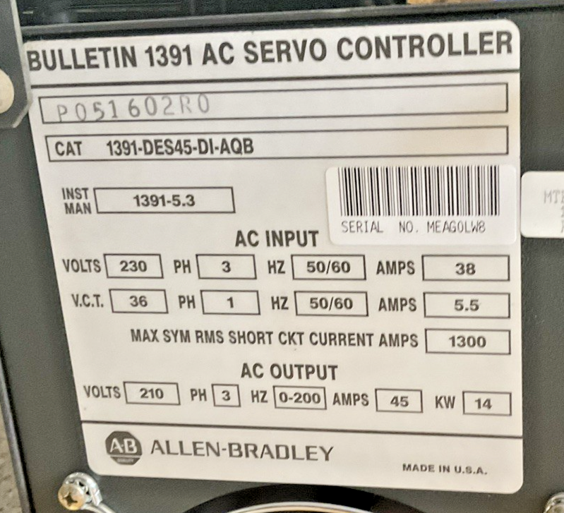 ALLEN BRADLEY 1391-DES45-DI-AQB AC SERVO CONTROLLER 230V 3PH 50/60HZ 38A