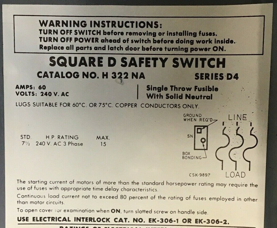 SQUARE D H322NA SAFETY SWITCH SER.D4 60A  FUSIBLE 600VAC/VDC 240VAC 15HP