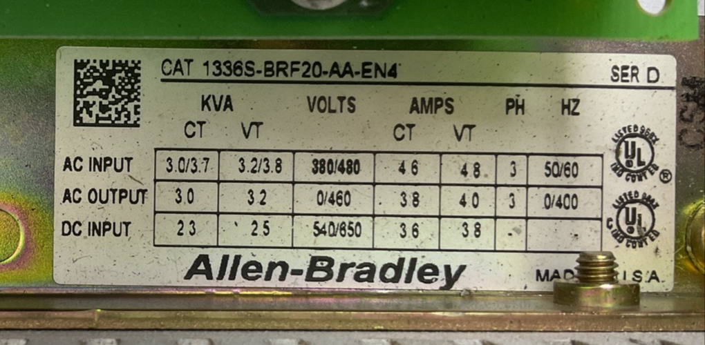 ALLEN BRADLEY 1336S-BRF20-AA-EN4 1336 PLUS SENSORLESS VECTOR DRIVE SER D