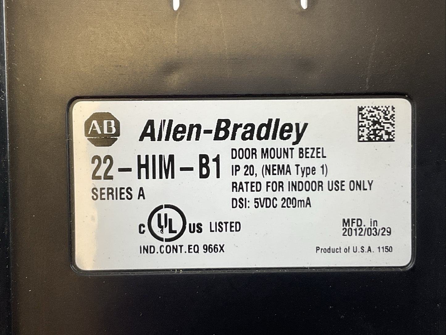 ALLEN BRADLEY 22-HIM-B1 DOOR MOUNT BEZEL 5VDC 200mA