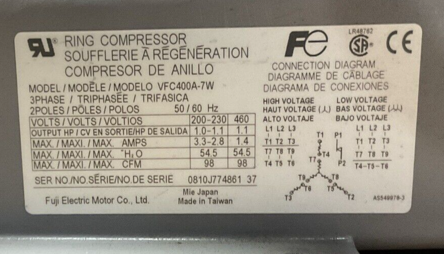 FUJI VFC400A-7W RING COMPRESSOR 3PH 2POLE 50/60HZ 460V 1.1HP CSL-851-250HC