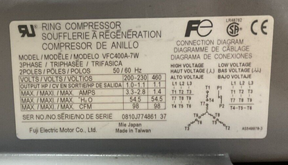 FUJI VFC400A-7W RING COMPRESSOR 3PH 2POLE 50/60HZ 460V 1.1HP CSL-851-250HC