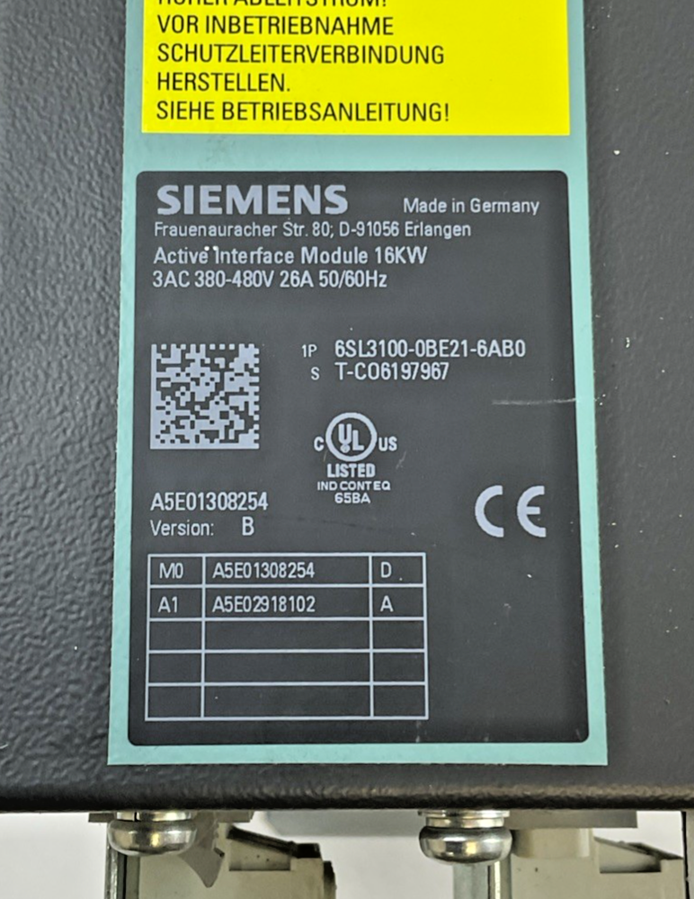 SIEMENS 6SL3100-0BE21-6AB0 VER.B ACTIVE INTERFACE MODULE 16KW 480V 26A 50/60HZ