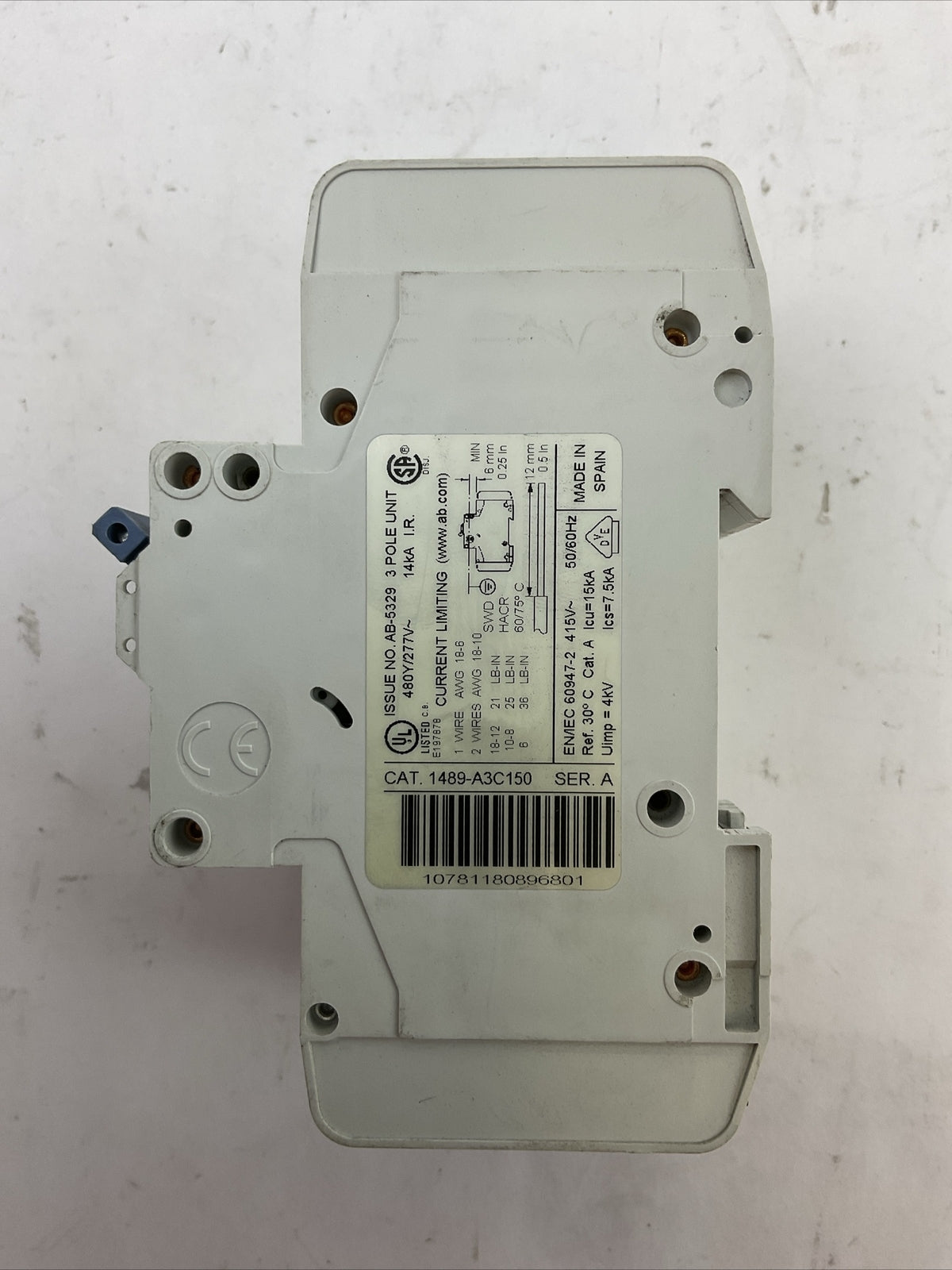 ALLEN BRADLEY 1489-A3C150 SER A CIRCUIT BREAKER 3POLE 15AMP 480Y/277VAC