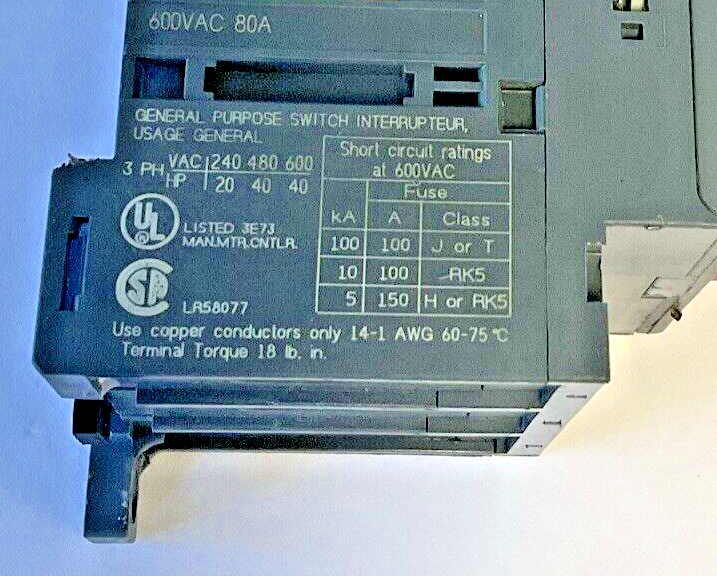 ABB OT63E3 DISCONNECT SWITCH 600VAC 80A