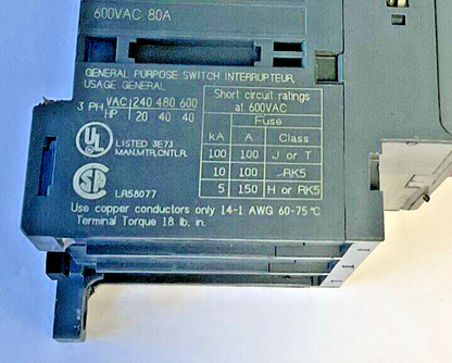 ABB OT63E3 DISCONNECT SWITCH 600VAC 80A
