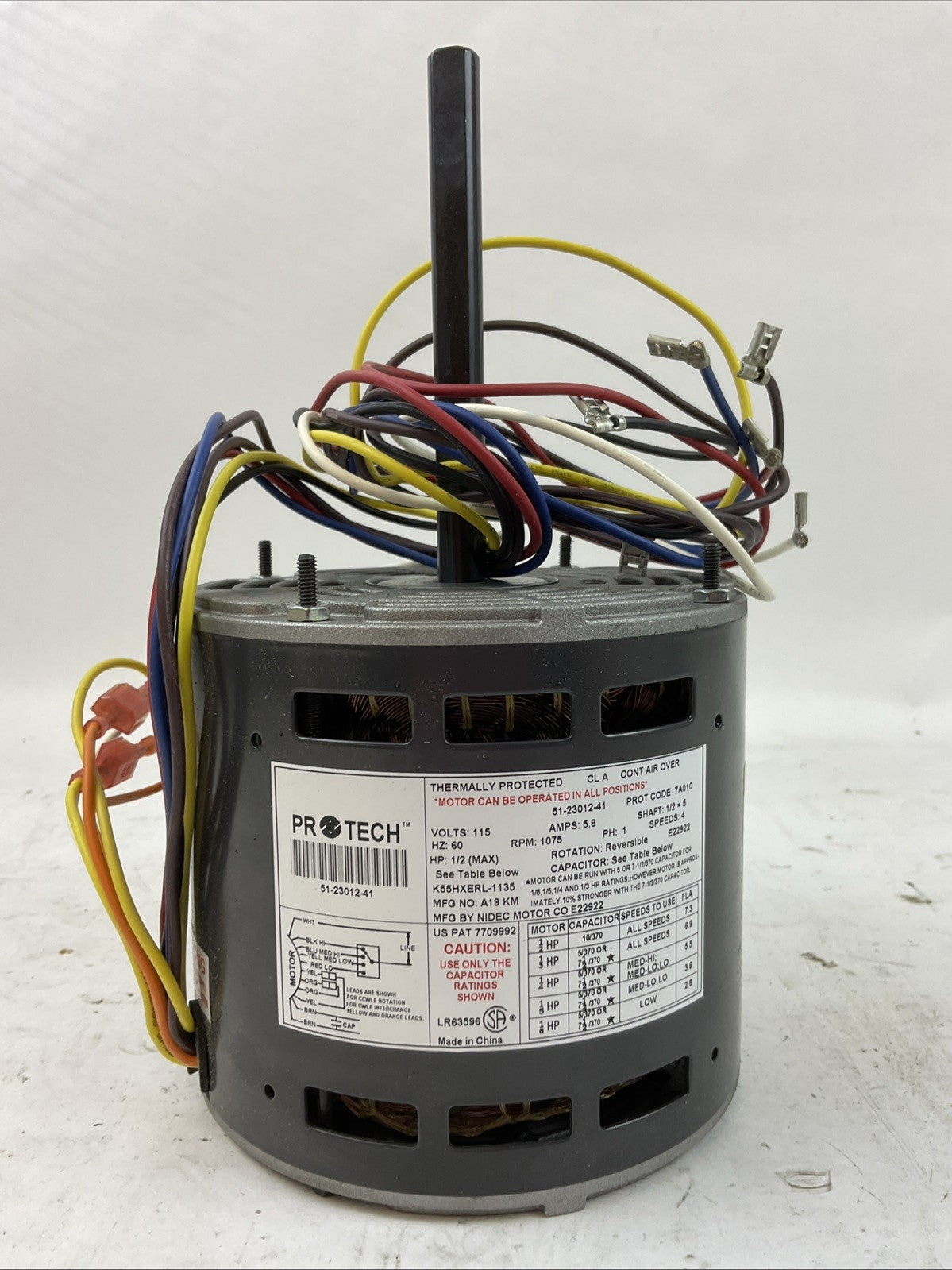 PROTECH 51-23012-41 BLOWER MOTOR 115V 60HZ 5.8A 1075RPM 4 SPEEDS 1PH 1/6-1/2HP