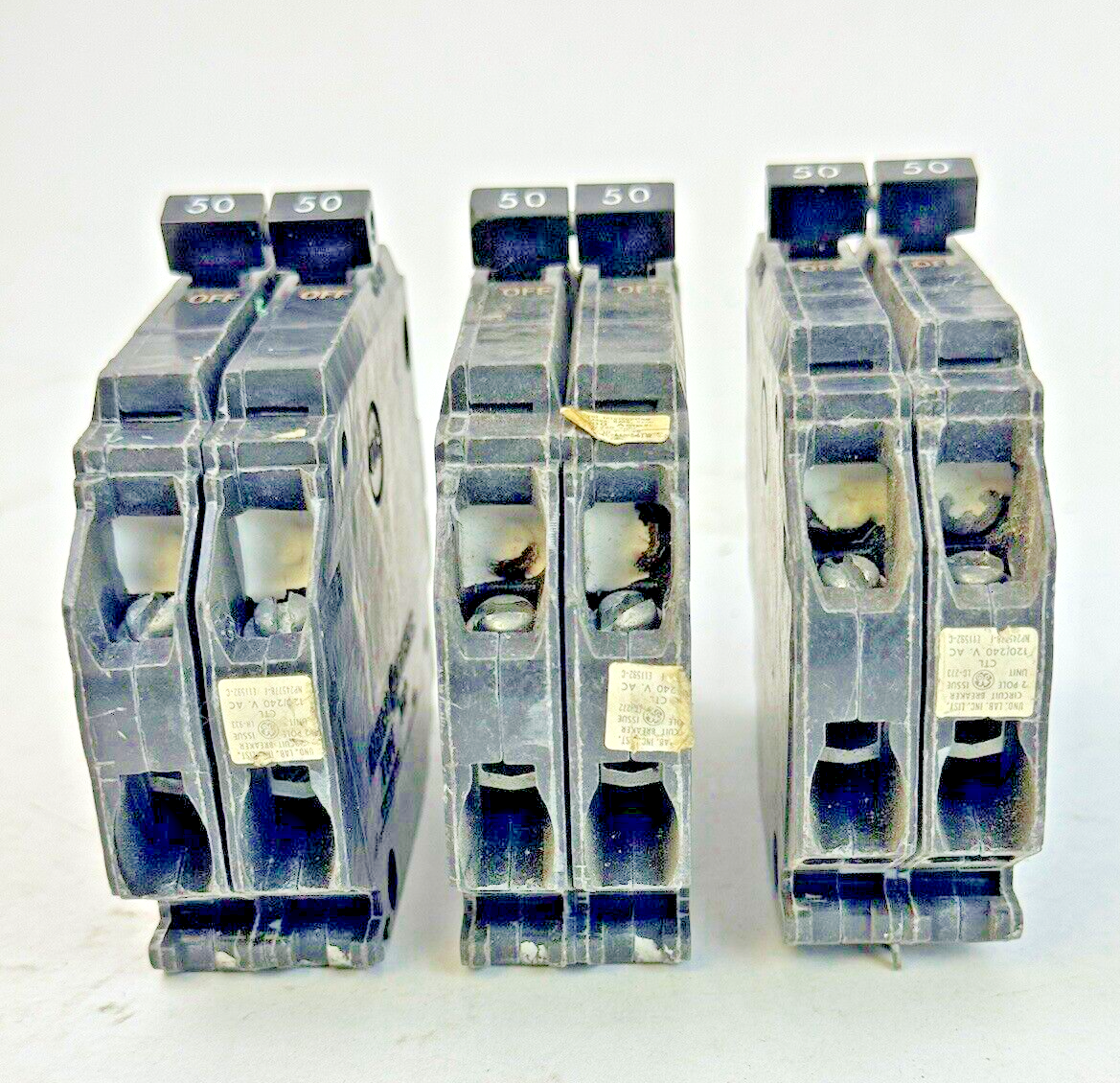 GE *LOT OF 3* - THQP250 - COMMON TRIP CIRCUIT BREAKERS - 2 POLE, 50 A, 240 VAC