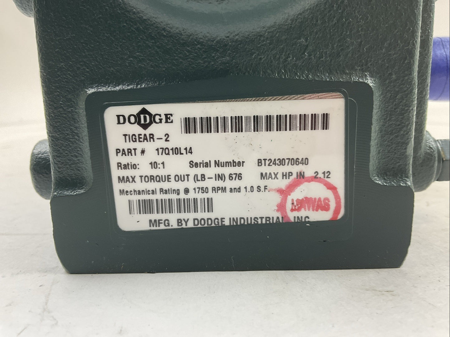 DODGE 17Q10L14 TIGEAR-2 GEAR REDUCER RATIO 10:1 1750RPM
