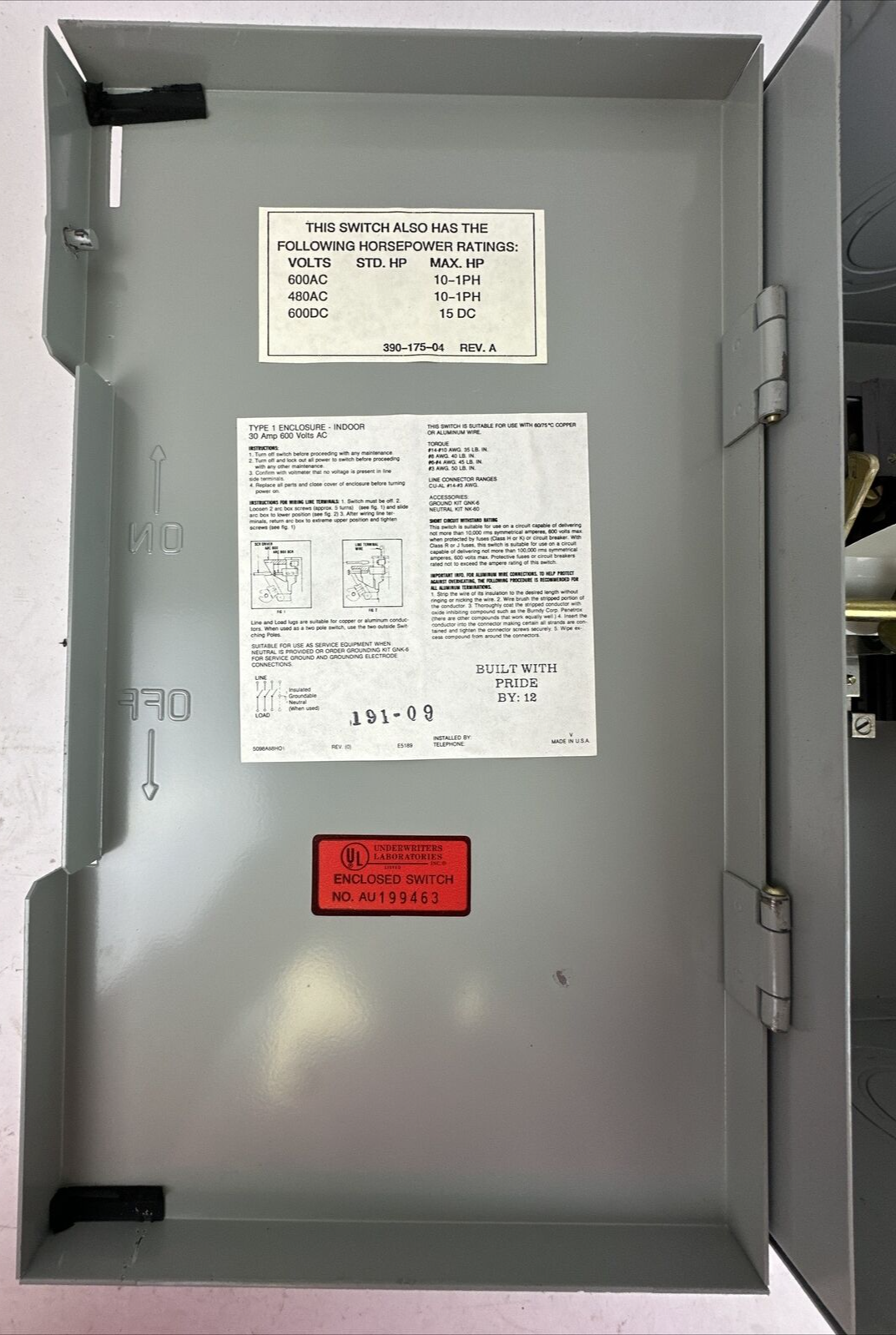 CHALLENGER HD361NFC HD SAFETY SWITCH 600VAC 30AMP 20HP 3 POLE NON-FUSIBLE TYPE 1