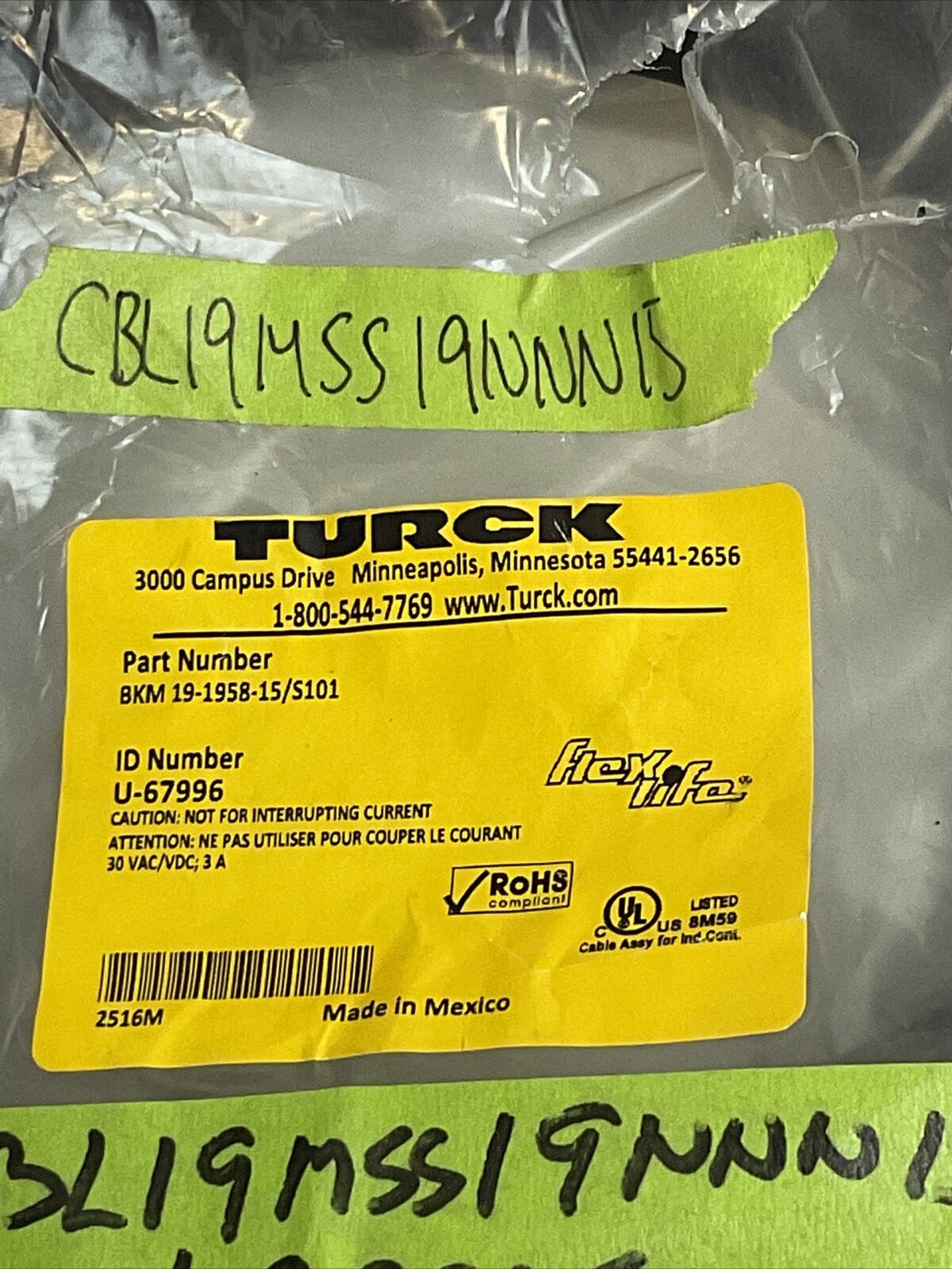 TURCK BKM 19-1958915/S101 CORDSET 30V 3A