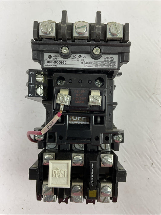 ALLEN BRADLEY STARTER 500F-BOD930 SER C 27A 600VAC 10HP COIL 115-120V 592-EUTB