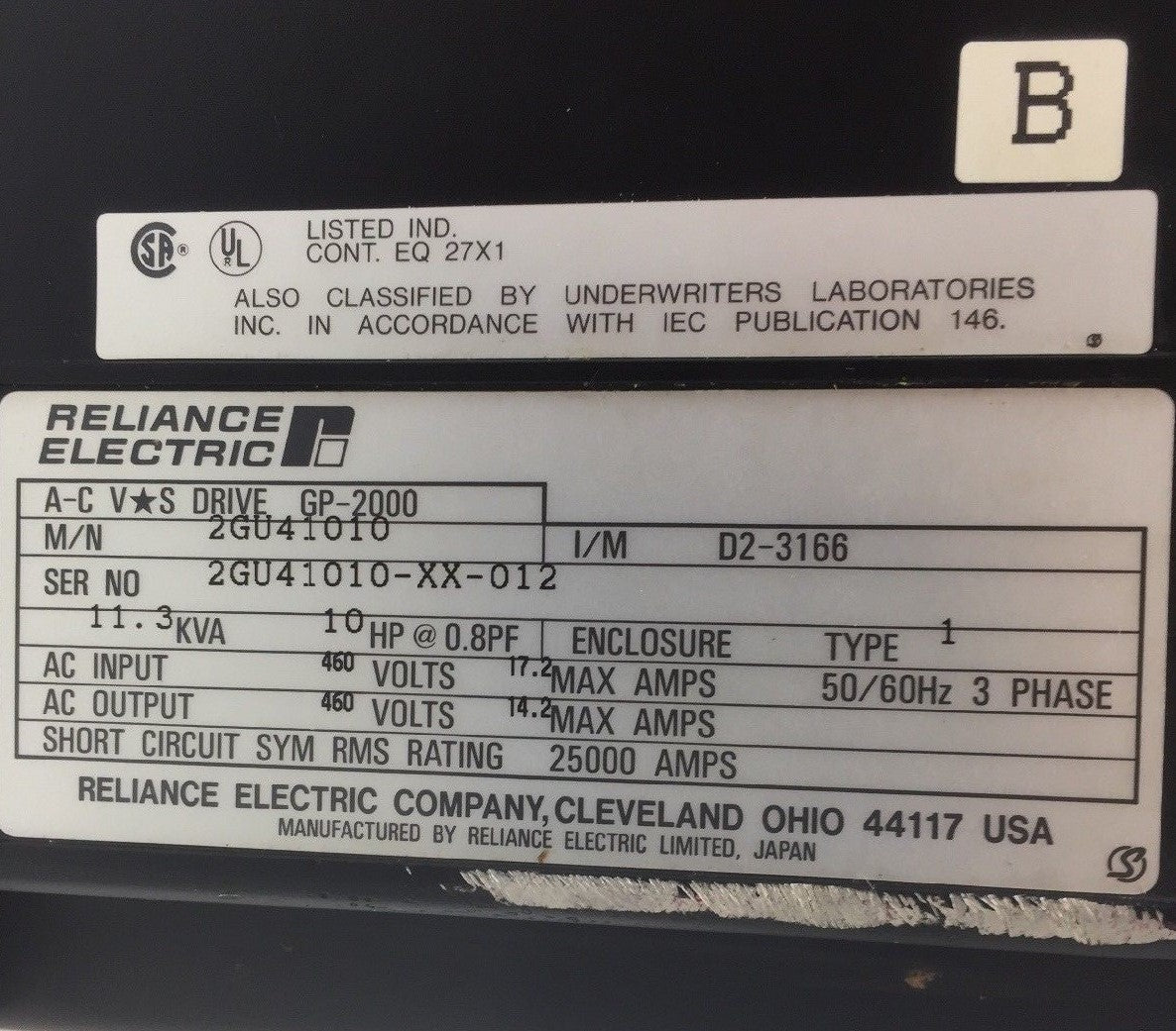 RELIANCE ELECTRIC 2GU41010 A-C V*S DRIVE GP-2000 460 VAC 11.3KVA 10 HP 3 PHASE