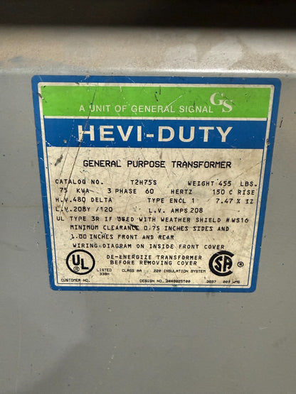 HEVI-DUTY T2H75S TRANSFORMER 3PH 75KVA H.V. 480 DELTA L.V. 208Y/120
