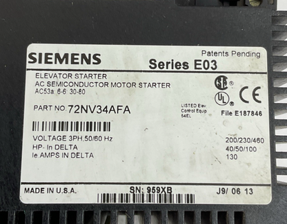 SIEMENS 72NV34AFA ELEVATOR STARTER SEMICONDUCTOR MOTOR STARTER SER.E03 3PH